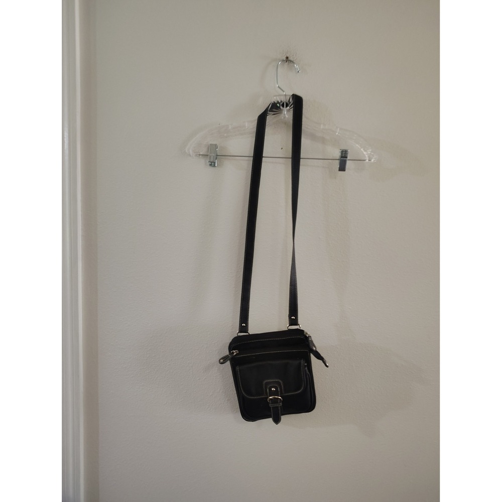 Black Leather Crossbody Bag Multi Pocket Travel Messenger Purse Contrast Stitch